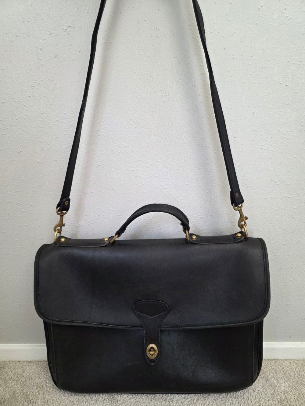 Vintage Jack Georges Black Leather Briefcase Shoulder Bag Made in USA 16"